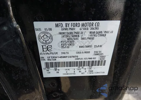 2008 Ford F-150 Harley-Davidson/Limited из США, поврежденный, VIN 1FTRW14598FC07870